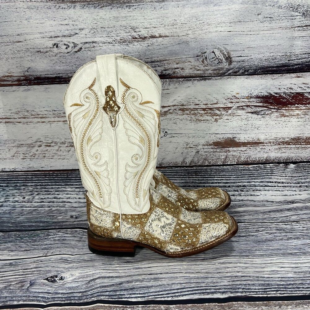 Ferrini White & Gold Patchwork Embroidered Square Toe Cowgirl Boots Women’s 7